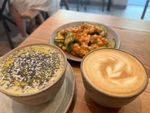 Lunch with zucchini gaspacho, cucumber & chickpeas salad, Latte Black Cardamom. at Brouillon in Paris