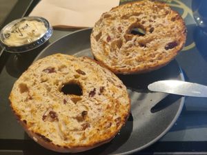 Cranberry power bagel with vegan butter at Nowhere Coffee Co in Allentown