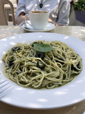 Pesto pasta 10/10 (no cheese; pesto made w cashew)  at Be Happy in Bodhgaya