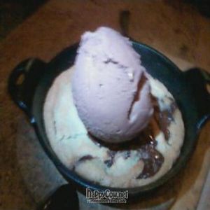 chocolate chip cookie in a cast iron pan with chocolate gelato at Mohawk Bend in Los Angeles
