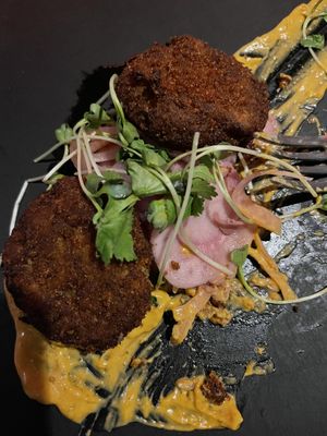 Vegan crab cakes   at Mohawk Bend in Los Angeles