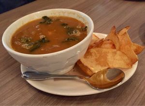 White bean and kale soup with chips  at Mohawk Bend in Los Angeles