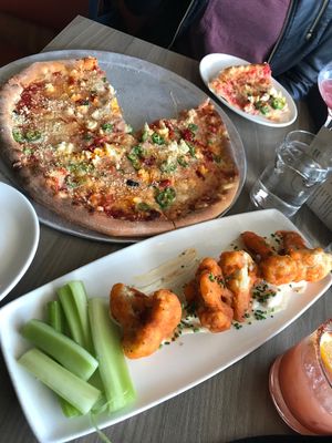 Angry vegan pizza and buffalo cauliflower  at Mohawk Bend in Los Angeles