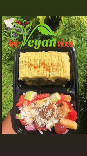 Savory Vegan Pie served with Fruit Salad at Irie Vegan Vibes in Georgetown