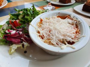 Vegan lasagna with salad at Mumbles Pier in Swansea