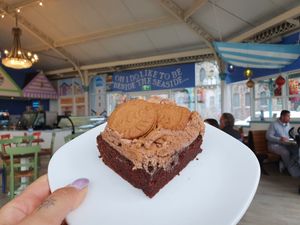 Vegan cake (brownie with lotus bisquit creme) at Mumbles Pier in Swansea