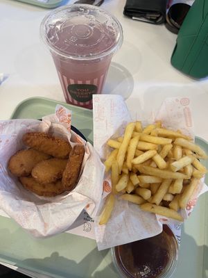 Nuggets, fries and a blackberry lemonde  at Neat Burger - Bishopsgate in London