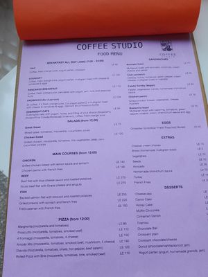 Food menu at Coffee Studio in Hurghada