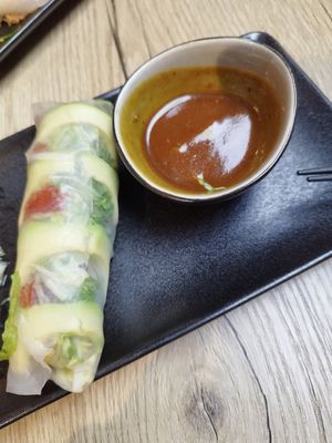 Summer rolls with avocado, dried tomatoes and peanut butter sauce at Vevi Restaurant II in Vienna