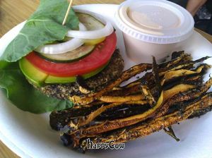 Raw Burger with fries at Maui Kombucha in Haiku