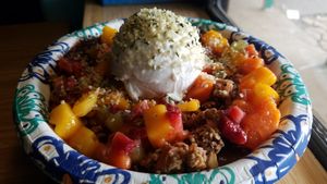 Acai bowl with fruit and coconut cream at Maui Kombucha in Haiku