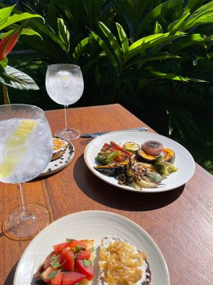 Gin tônica, brusqueta de creme de amêndoas com cebola caramelizada e brusqueta de tomate com manjericão e Parrilhada de legumes com creme de amêndoas  at Oiti in Cairu