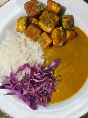 Curry de manga com tofu empanado e arroz  at Oiti in Cairu