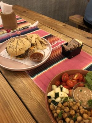 Banana blossom burger and vegan bowl  at El Patio in Bocas Del Toro