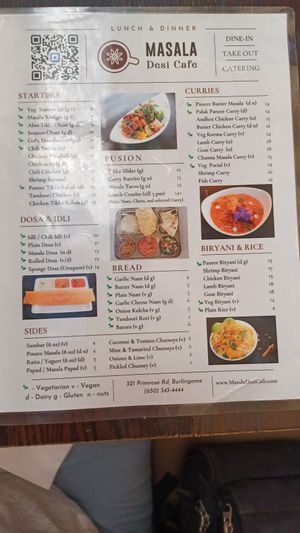 Menu-front at Masala Desi Cafe in Burlingame