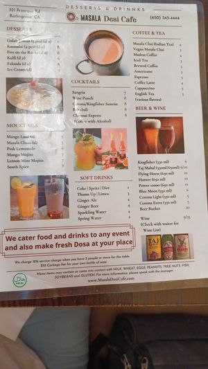 Menu-back at Masala Desi Cafe in Burlingame