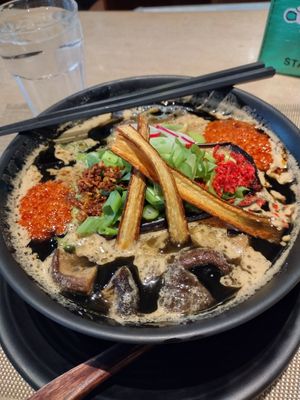 Vegan Miso Ramen w/Black Garlic Oil
and Shiitake Mushroom at Jikasei MENSHO in San Francisco