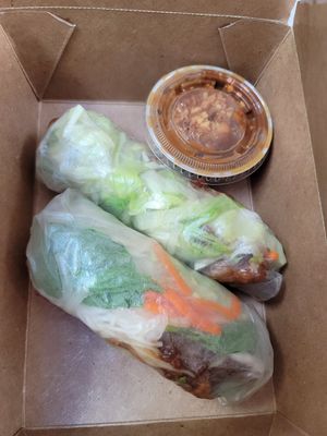Vegan pork sausage spring rolls with peanut sauce at Kim Phuong Vegetarian Delight in Renton