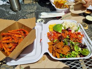 Chicken salad and sweet potato fries at Native Foods - Wicker Park in Chicago