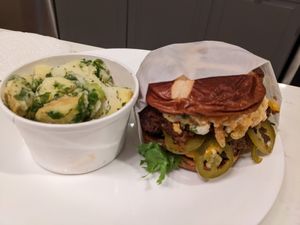 Poppin' jalapeno burger with lemon dill potato salad at Native Foods - Wicker Park in Chicago