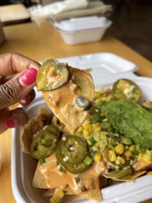 Nachos with avocado and taco meat - my fav  at Native Foods - Wicker Park in Chicago