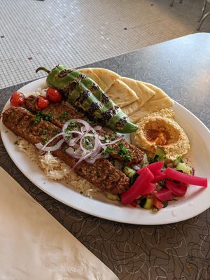 Kabob plate (angle one) at BeeWali's Vegan AF in Los Angeles
