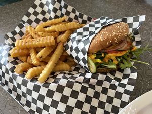 Mediterranean Burger and Fries  at BeeWali's Vegan AF in Los Angeles
