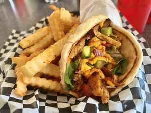 Curry chicken pita wrap  at BeeWali's Vegan AF in Los Angeles