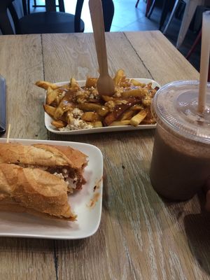 Melbourne hotdog, poutine, and a soy shake at Lord of the Fries in Windsor