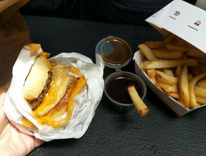 Patty & egg muffin w. fries at Lord of the Fries in Windsor