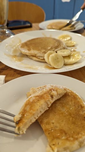 Maple and banana pancakes at Meow Cafe in Epping