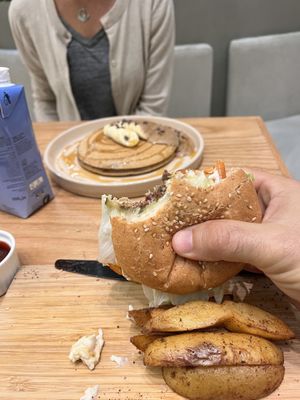 Burger and pancakes   at Evergreen Organics - Gate Mall in Doha