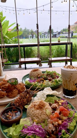 Delicious chicken tenders + Maranggi Satay Platter  at Burgreens Canggu - Healthy Plant-Based Eatery in Canggu