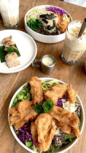 Bibimbap and crispy chicken   at Burgreens Canggu - Healthy Plant-Based Eatery in Canggu