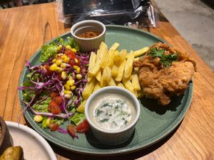 Chick’n steak and chips  at Burgreens Canggu - Healthy Plant-Based Eatery in Canggu