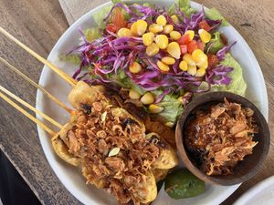 Satay sticks - amazing satay sauce and great salad    at Burgreens Canggu - Healthy Plant-Based Eatery in Canggu