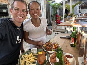 Two happy vegans - before the food coma  at Burgreens Canggu - Healthy Plant-Based Eatery in Canggu