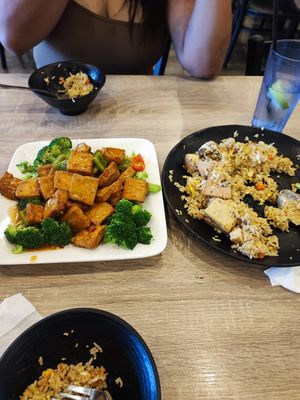 Tofu with broccoli, and fried rice at Happy Buddha Kitchen in Temple City