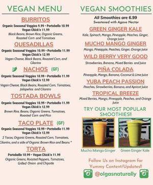 Vegan menu at Olga's Naturally in Los Angeles