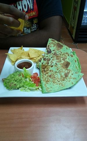 Vegan quesadilla with vegan "chicken." at Olga's Naturally in Los Angeles