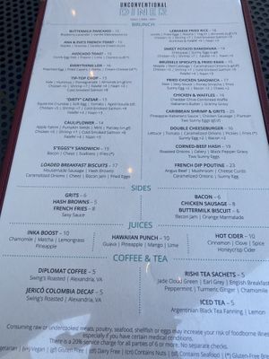 Brunch (Sunday) Menu w/Limited Vegan Options  at Unconventional Diner in Washington