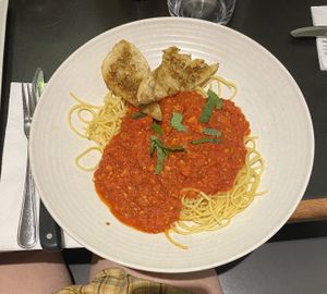 Vegan tofu bolognese  at La Piazzetta - Saint Jean in Quebec