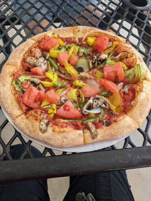 Veggie pizza without cheese at Driftwood Pizza & Subs in Marathon