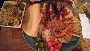 Healthy vegan combo plate at dinner at El Pancho in Osaka