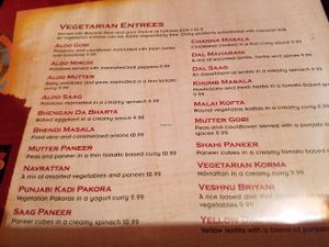 Vegetarian Menu Section at Flavor of India in Oro Valley