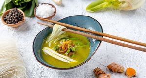 BOOSTER BROTH
(Vegan friendly) Deliciously aromatic fresh turmeric and fennel broth with vermicelli noodles, tofu, shiitake mushroom and snow peas at Dip Dash in Dubai