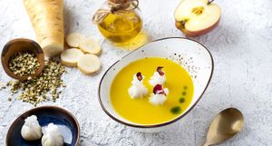 PARSNIP N LENTIL STEW
(Vegan friendly) Flavourful green gram, red apple and parsnip stew served with water chestnut dumpling and in-house basil oil at Dip Dash in Dubai