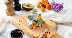 VIETNAMESE RAINBOW ROLL
(Vegan friendly) Colourful veggies - roasted bell pepper, avocado, pickled carrot, baby arugula,fresh herbs and vermicelli rolled in a delectable rice pape at Dip Dash in Dubai