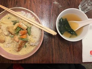 The jungle curry replated with the rice, and miso   at Chow in Wellington