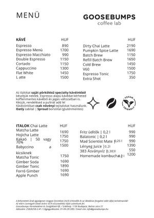 Goosebumps menu - 2026. January at Goosebumps Coffee Lab in Budapest
